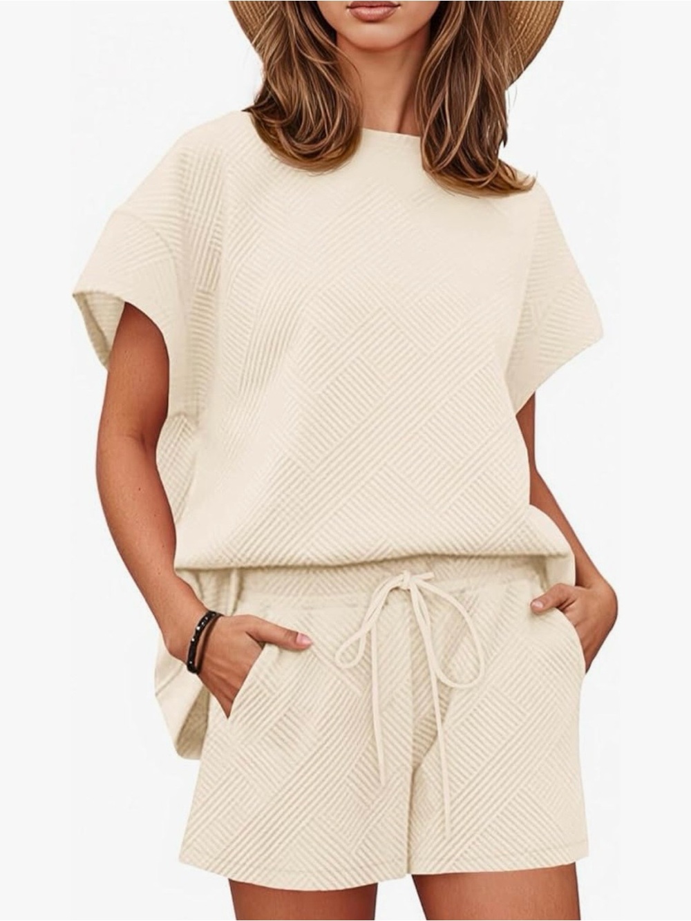 Casual Cream Textured Knit Short Set